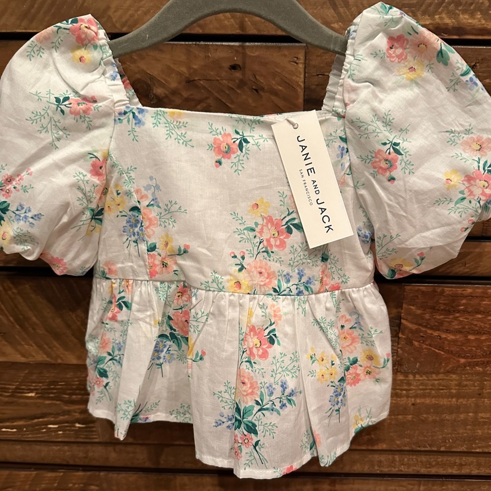 Brand New Janie and Jack Top w/colorful flowers & puffy sleeves 12-18 Months
